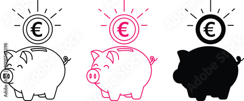 Money Saving Piggy Bank Icon – Euro Coin, Budget Planning and Financial Growth Vector Illustration