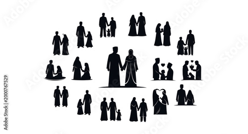 Silhouettes of diverse families and couples in a circular arrangement.