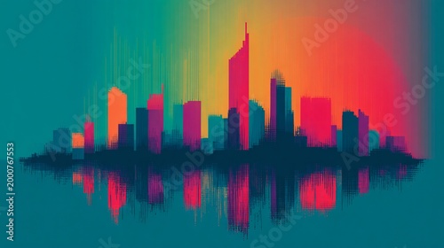 Striking digital illustration of a futuristic cityscape with a glowing sunset, reflected in calm waters, featuring a blocky aesthetic and a captivating color scheme.