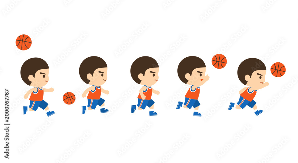 Fototapeta premium Cartoon boy playing basketball sequence, isolated on white, sports illustration
