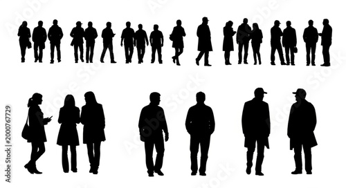 Silhouettes of diverse people standing in groups and individually.