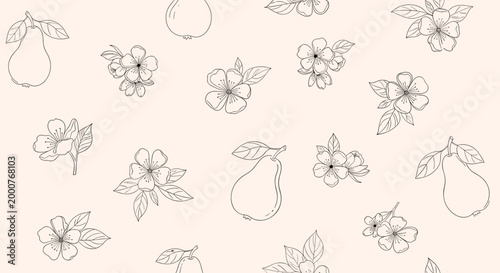 Elegant seamless pattern featuring delicate line art sketches of pears and blossoms on a light beige background.