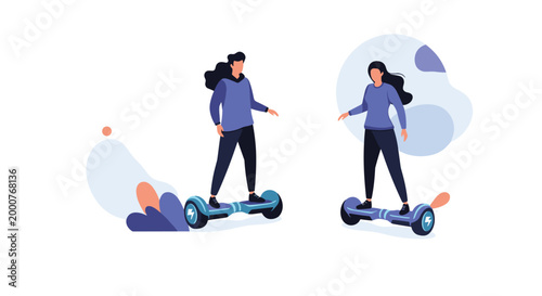 Modern lifestyle illustration showing a young man and woman riding electric self balancing scooters or hoverboards.