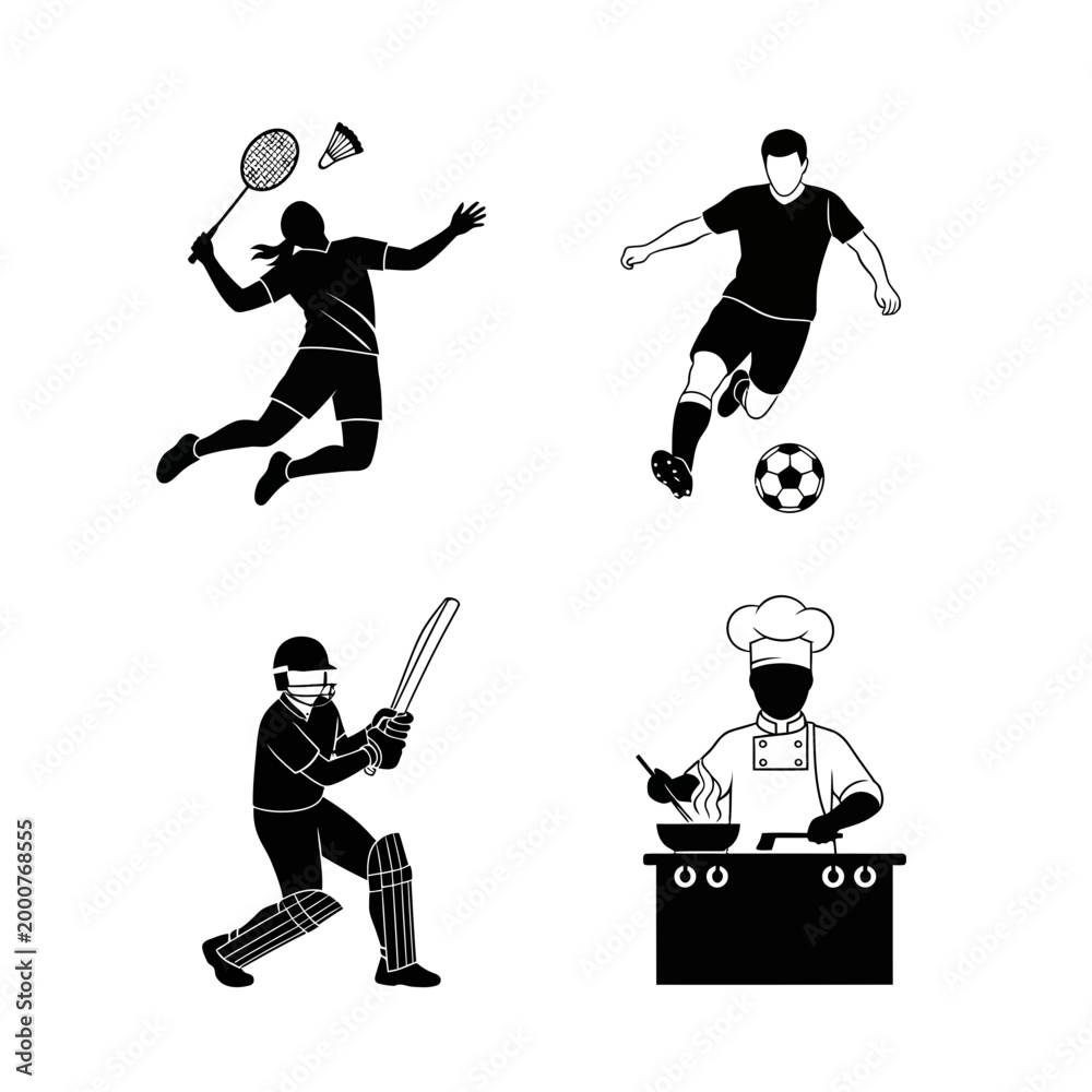 Obraz premium Set of human silhouettes doing sports and cooking activities