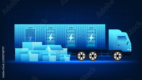 Technology background delivery truck powered by battery energy and AI-driven navigation, representing smart transportation, energy efficiency, sustainable logistics, autonomous driving, innovation.