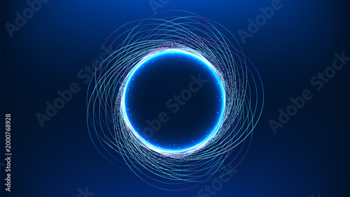 Abstract technology background spherical object surrounded by data particles, representing quantum computing processes, advanced computation, data processing, next-generation technology innovation.