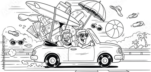 car carrying beach items in black and white line art