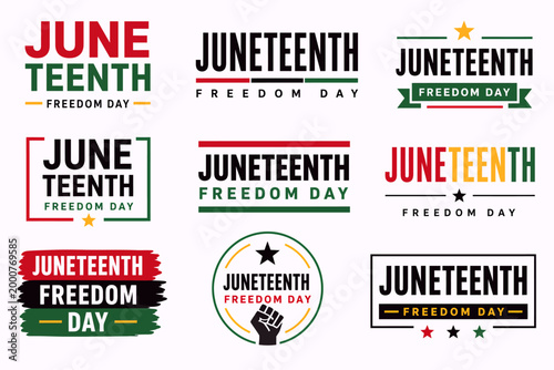 Collection of Juneteenth Freedom Day logo designs featuring various typography, colors, and graphic elements for celebration.