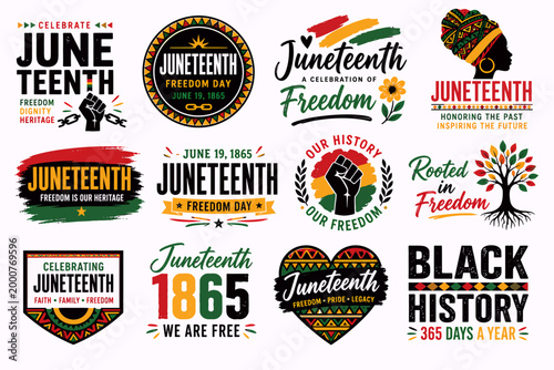A collection of diverse Juneteenth celebration logos and emblems featuring freedom, history, and heritage themes with Pan-African colors.