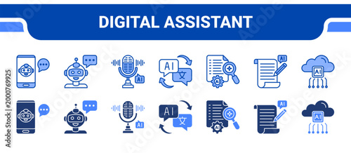Digital Assistant Icon Collection,  featuring Assist, Chatbot, Voice, Translate, Summary, Writing, Online Support.
