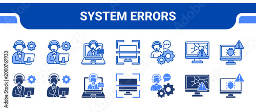System Errors Icon Collection,  featuring HTTP Error, Broken Screen, Bug Issue, Troubleshoot, Scan, System Optimization, Tech Support.