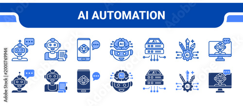 AI Automation Icon Collection,  featuring Chatbot, Content Bot, Assist, Machine Learning, Data, Cloud, Code.