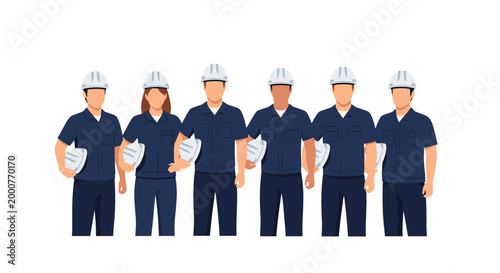 Six workers dressed in matching blue industrial shirts and white hard hats are aligned in a row, with some holding their safety helmets in hand.