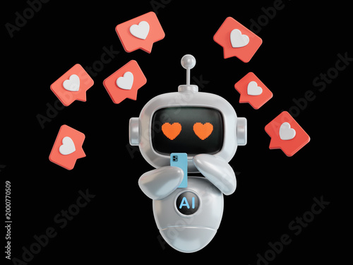 3D illustration of ai robot hold smartphone with like notifications flying around over white background.AI robot business Concept.3D rendering on black Screen for footage and clipping path.
