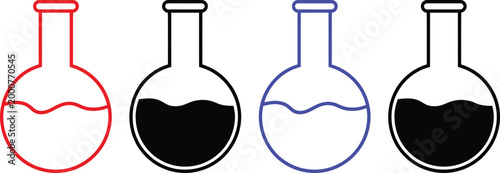 Four different flask representations with varying liquid levels and outlines