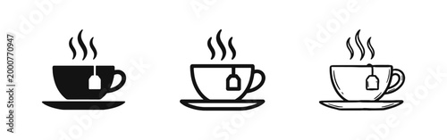 Hot Tea Cup with Tea Bag and Steam Icons Set