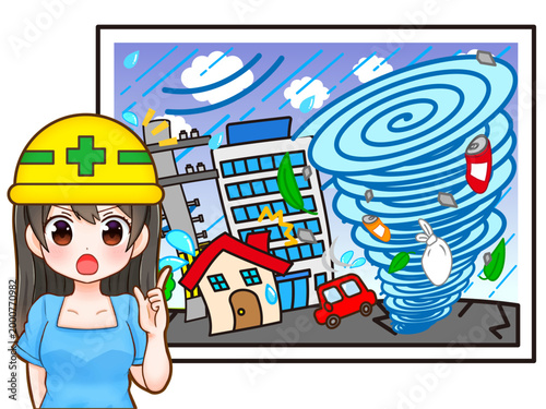 台風の注意喚起をする女の子のイラスト素材