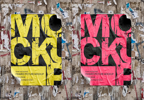 Old torn poster mockup on grunge wall texture background