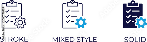 Project management icons. Checklist with gear, process optimization, workflow automation, technical task, and setting audit vector symbols.