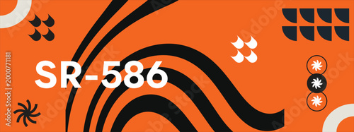 Orange Cyberpunk banner with future tech geometric elements, in Ski Fi style, Flat futuristic background with shapes, technology Hi Tech y2k ornament. vector illustration.