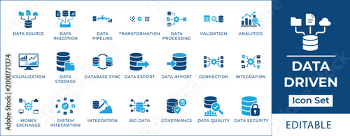Valokuva Data driven icon set featuring big data architecture, data pipeline, ingestion, analytics, visualization, storage, cloud integration, data quality, and database security symbols
