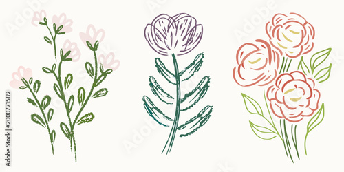 three floral clusters with delicate pastel colors on light background high quality professional detailed modern