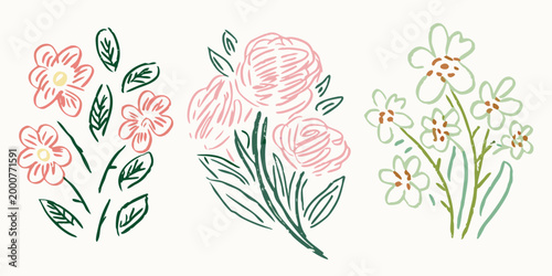 three floral clusters with delicate petals and green leaves on light background high quality professional