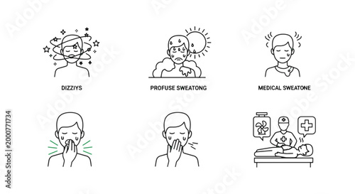 Man Suffering from Extreme Heat Icon Set with Dizziness Profuse Medical Sweat and Symptoms
