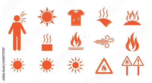 Set of Icons Representing Extreme Heat and Sun Exposure Dangers