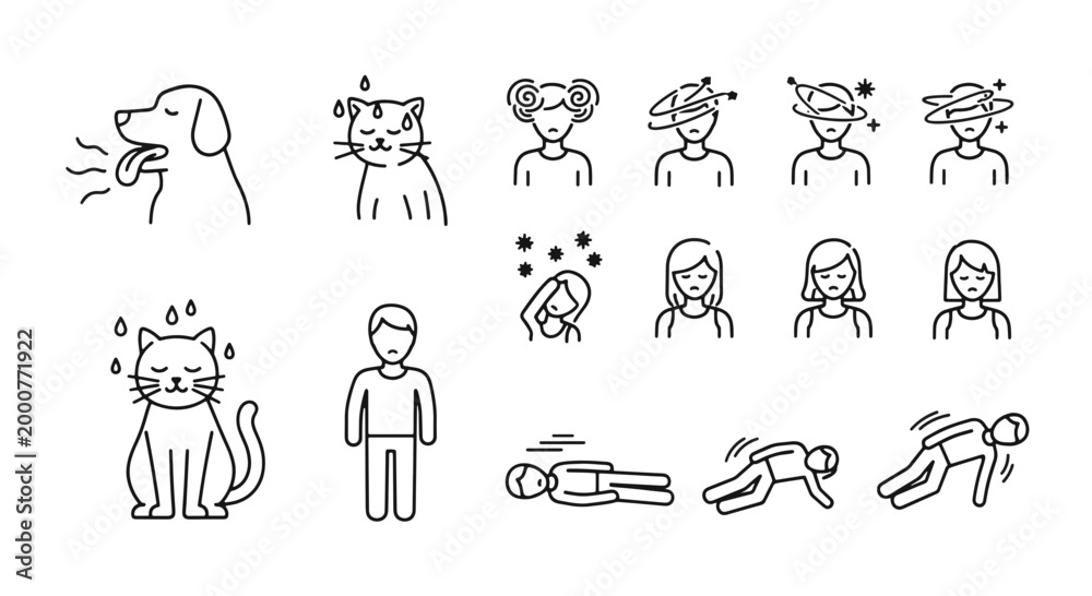 Fototapeta premium Dog Panting Cat Sweating Human Icons Extreme Heat Weather Symptoms
