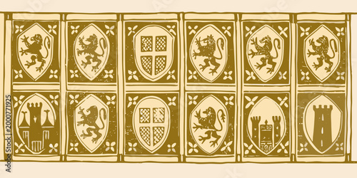 heraldic shields with lions and castles in gold and cream high quality professional detailed modern