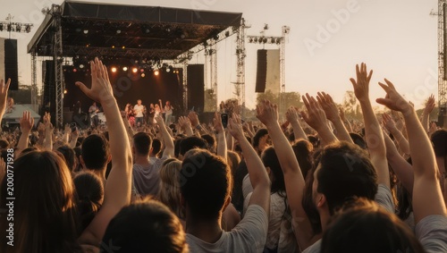 Crowd with hands raised at an outdoor music festival concert stage.