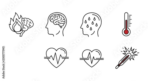 Extreme Heat Icon Set Featuring Brain Fever Thermometer and Heart Rate
