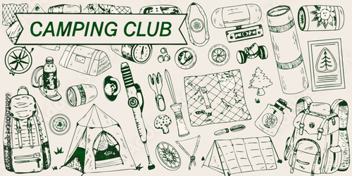camping club illustration with various outdoor gear and equipment high quality professional detailed modern elegant