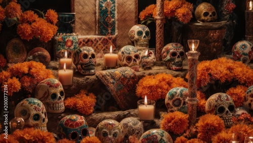 Day of the Dead Altar with Skulls and Flowers.