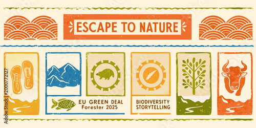 escape to nature banner with colorful nature icons and text high quality professional detailed modern