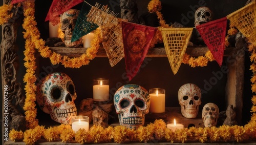 Day of the Dead Altar with Sugar Skulls, Candles, and Marigold Flowers.