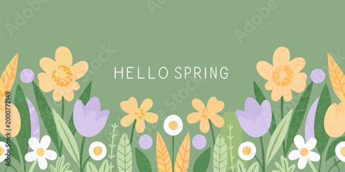 hello spring text with colorful flowers on green background high quality professional detailed modern elegant