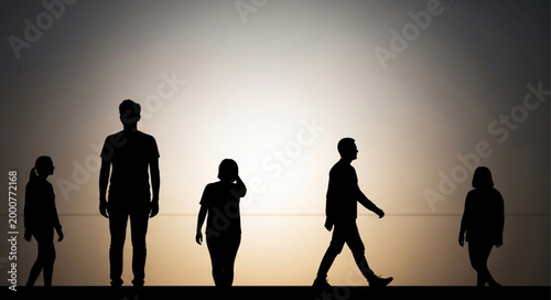 Silhouettes of people walking against a bright sunset sky.