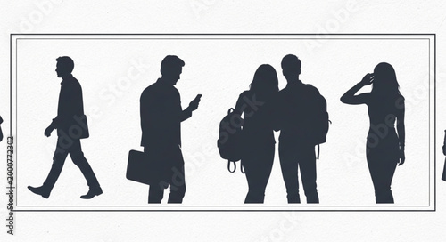 Silhouettes of people walking and standing in a line.