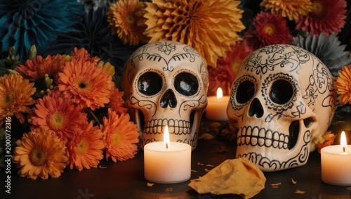 Day of the Dead Skull Decorations with Candles and Flowers.