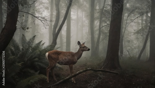 Deer in a Misty Forest - A Serene Nature Scene.