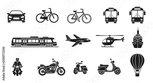 A collection of black and white icons depicting various modes of transportation including cars, bicycles, buses, trains, airplanes, helicopters, ships, motorcycles, scooters, and hot air balloons.