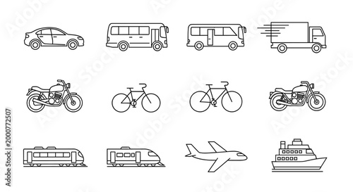 Line art icons depicting various modes of transport including cars, buses, motorcycles, bicycles, trains, airplanes, and ships on a white background.
