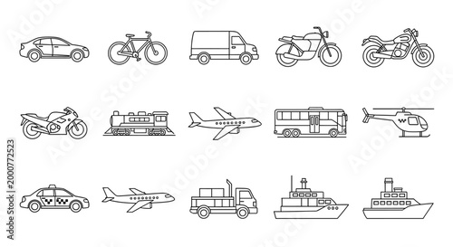 Collection of line art icons depicting various modes of transportation including land, air, and sea vehicles.