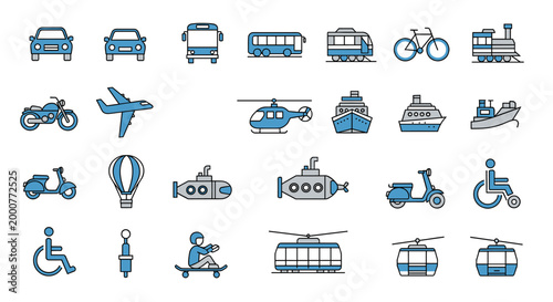 A comprehensive collection of blue and grey line icons depicting various modes of transportation, including cars, buses, trains, planes, boats, and other vehicles.