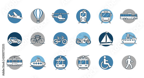 A collection of blue and grey circular icons representing various modes of transportation including air, land, and sea vehicles, along with accessibility and pedestrian symbols.