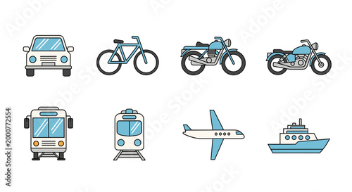 A collection of various modes of transportation including cars, bicycles, motorcycles, buses, trains, airplanes, and ships, presented in a clean, illustrative style.