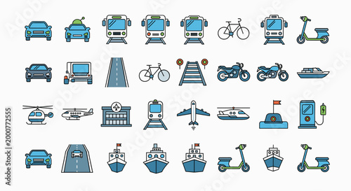 A comprehensive collection of diverse transportation icons, featuring various vehicles and modes of travel.
