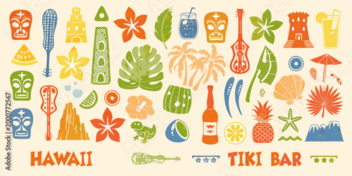 hawaiian themed vector illustrations with colorful tiki masks drinks and tropical plants high quality professional